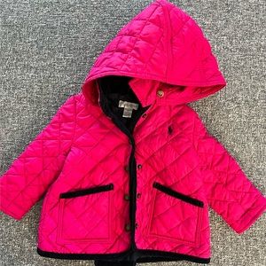 Gently worn quilted Ralph Lauren pink barn jacket with navy trim - 12 month
